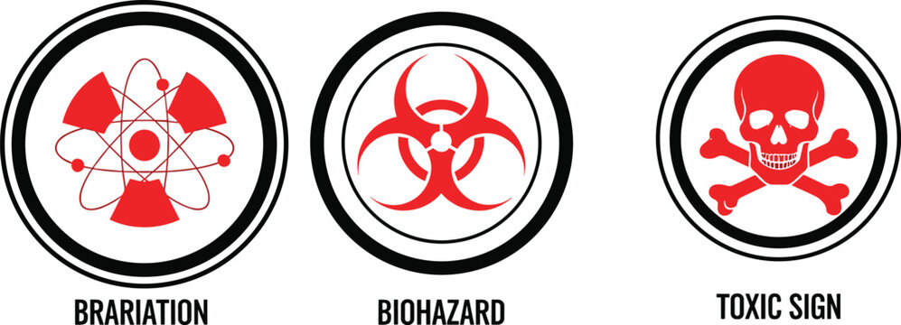 Set of red and black circular hazard warning icons including ionizing radiation atom symbol biohazard sign and toxic skull with crossbones for industrial safety.