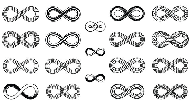 Comprehensive collection of infinity symbols rendered in diverse artistic styles including wireframe, bold lines, and textured strokes.