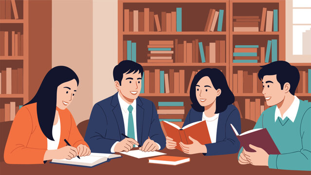 Diverse group of university students collaborating and studying together at a wooden table in a traditional library filled with books.
