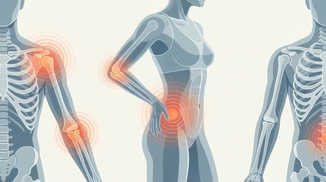 Illustration of human anatomy with highlighted joint pain areas