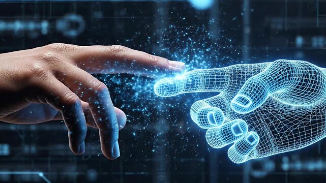 A striking visual depicts a human hand gently touching a glowing, wireframe robotic hand, symbolizing the convergence of humanity and artificial intelligence against a backdrop of digital circuitry.