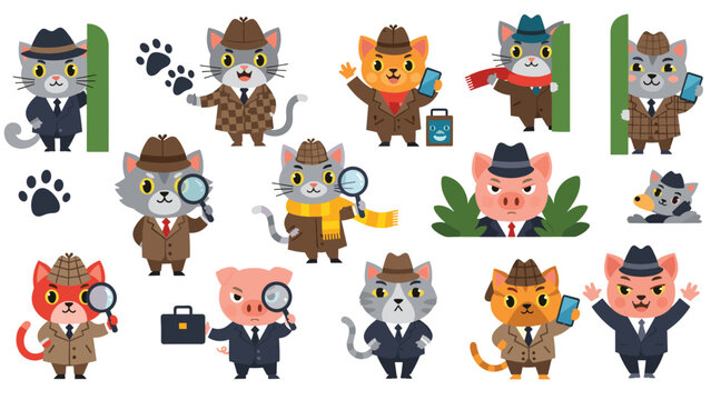 Fun set of animal detective characters featuring cats and pigs in trench coats and fedoras using magnifying glasses to solve mysteries.