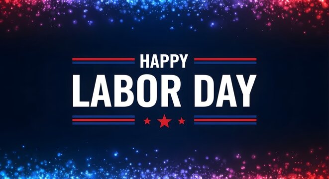 Happy labor day greeting card with red and blue glowing particles, festive background with stars, elegant holiday design for social media post