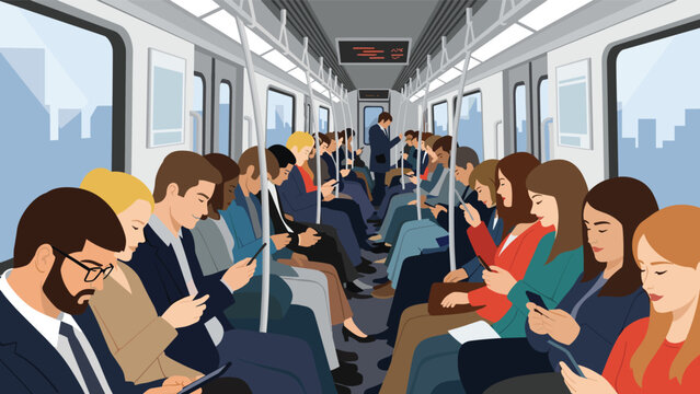 Modern urban scene showing diverse commuters sitting inside a subway train car mostly engrossed in their smartphones during travel.