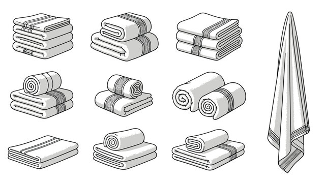 Artistic sketches show various arrangements of folded and rolled bathroom towels with decorative borders for spa use.