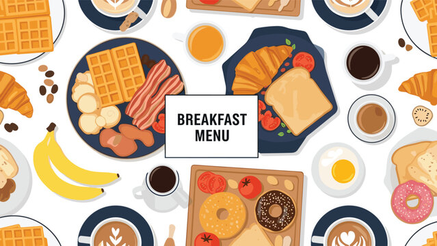 Vibrant seamless pattern of delicious breakfast foods including waffles with bacon and eggs along with cups of fresh coffee and pastries.