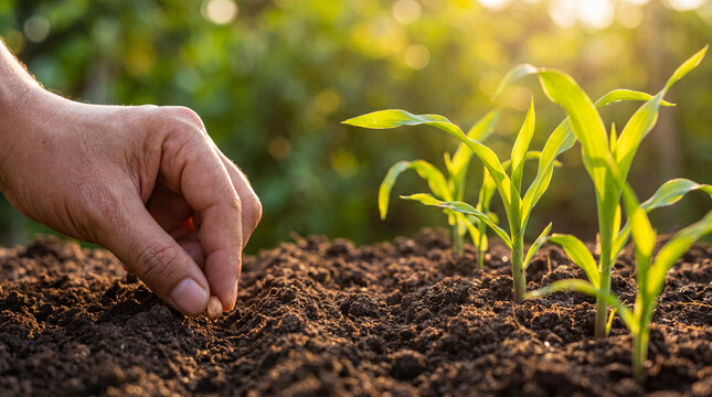 A human hand carefully plants a small seed into rich, fertile soil alongside young, green sprouts.