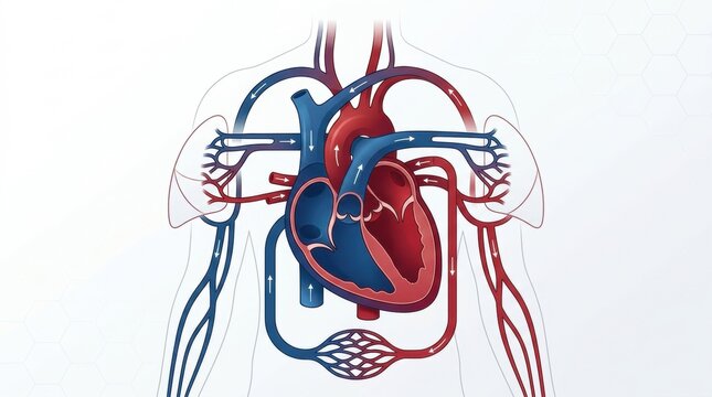 Diagram of the human circulatory system showing the heart and blood vessels