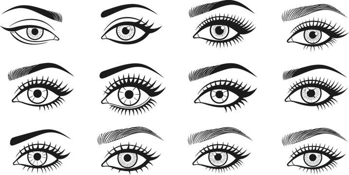 Various female eyes with different eyelash and eyebrow styles, black and white eyelashes eyebrows