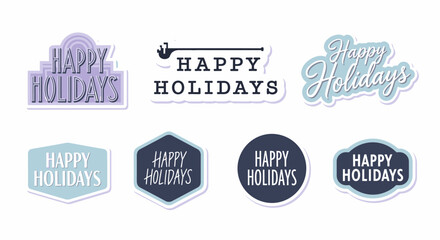 Obraz premium Modern Happy Holidays typography sticker set in blue and purple