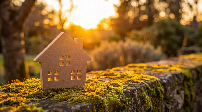 Small wooden house model resting on a moss-covered stone wall at sunset.