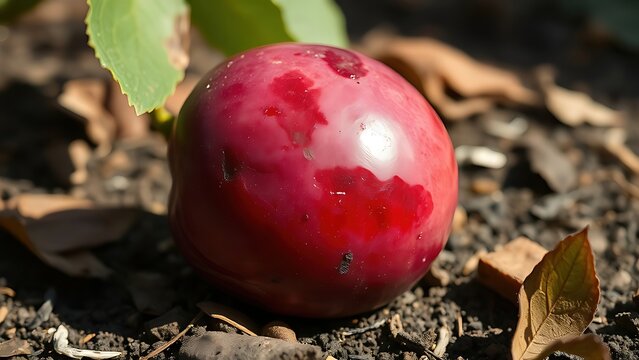 infamy. A ripe plum fallen on the ground with purple-red bruise marks, natural lighting, shallow depth of field. gardening catalogs, home-decor guides, designed for gardening and botanical catalogs.