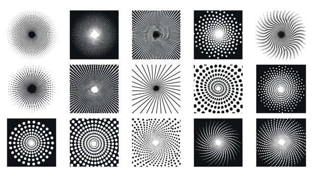 Collection of diverse black and white halftone radial patterns featuring various dot and line arrangements for graphic design projects.