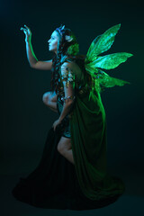 Fototapeta premium portrait of female model wearing fantasy fairy costume, green dress, cloak, butterfly wings and crown. full length crouching pose, isolated on dark studio background.