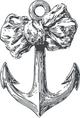Fototapeta premium Vintage anchor with decorative bow tied at the top nautical symbol with maritime and sea elements