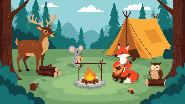 Charming illustration of forest animals like a deer, fox, mouse, and owl camping together around a bonfire next to a yellow tent.