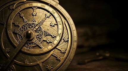 Naklejka premium Antique Brass Astrolabe with Gold Engravings – Dark Luxury Astronomy