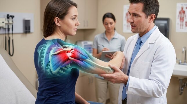 Doctor examines patient's shoulder with visible inflammation and pain highlighted