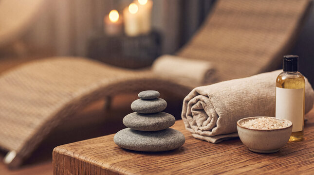 Stacked zen stones, a rolled towel, and essential oil on a wooden table in a peaceful spa setting with lounge chairs.