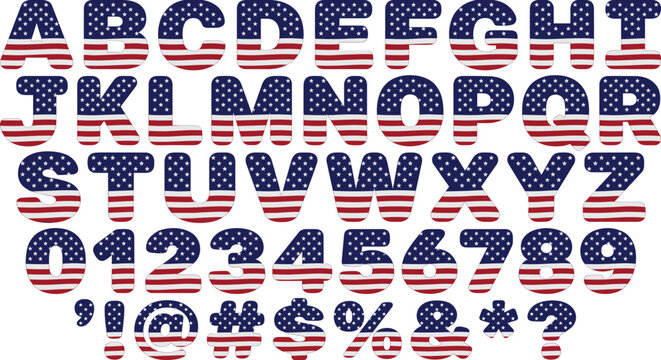 American Flag Alphabet Letters and Numbers Set &mdash; Patriotic USA Stars and Stripes Font with Special Characters Isolated on White