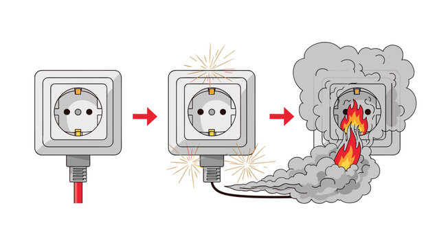 Informative diagram showing the stages of an electrical fire starting from a normal socket to sparking and eventually bursting into flames.