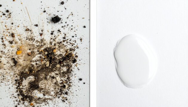 Before and after cleaning concept, dirty vs clean surface split, isolated on pure white background, high detail