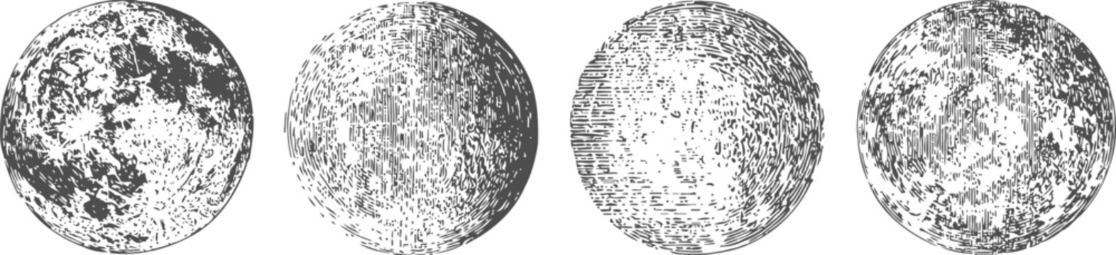 four detailed grayscale illustrations of the moon phases with varied surface textures