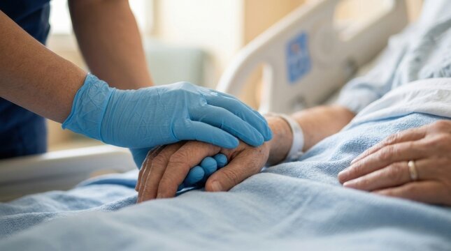 Nurse's gloved hand gently rests on patient's hand in hospital bed