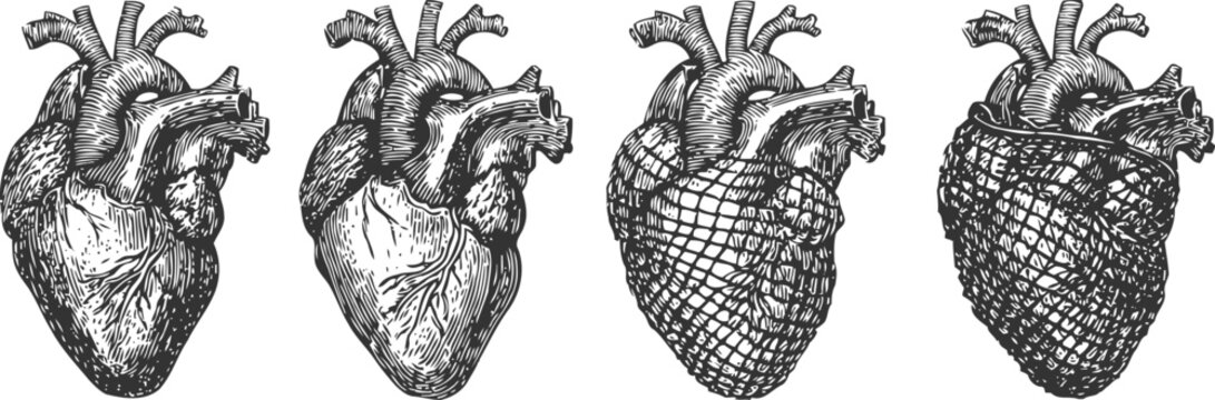Hand drawn human heart anatomy with mesh overlay medical illustration showing biological and anatomical details of the heart