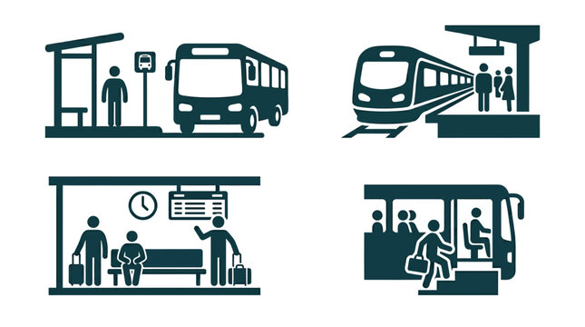 Set of public transport icons depicting passengers at bus stops and train stations.