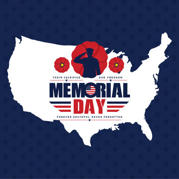 Memorial Day 2026 banner featuring USA map silhouette, saluting soldier and poppy flowers. Patriotic tribute design honoring sacrifice and service, ideal for campaigns and national remembrance.