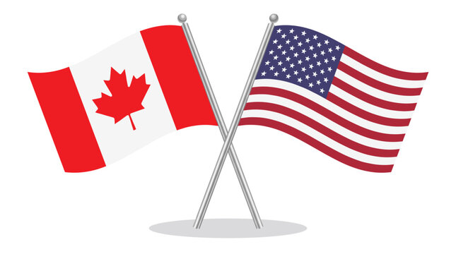 Canada and USA Crossed Flags Vector &mdash; Canadian and American Flags on Poles in Cross Position with Shadow Isolated on White Background