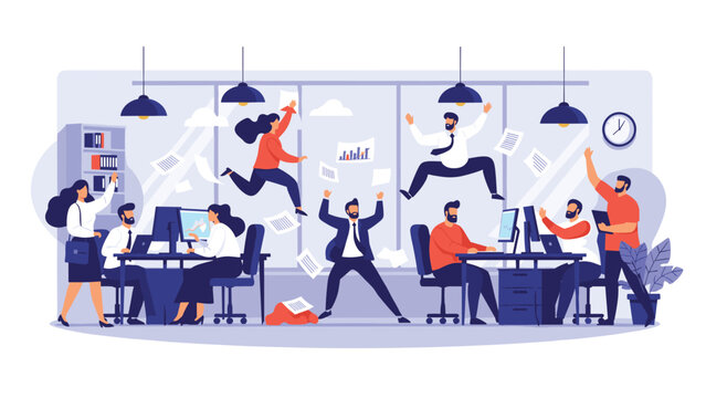 Chaotic and energetic office atmosphere with employees jumping for joy, throwing papers, and celebrating success in the workplace.