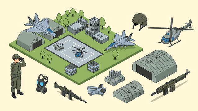 Isometric military base overview with fighter jets, hangars, helicopter, soldier, weapons, and specialized tactical equipment set.