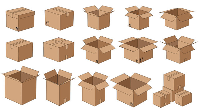 Collection of brown cardboard shipping boxes in various sizes and states including open, closed, empty, and stacked for logistics.