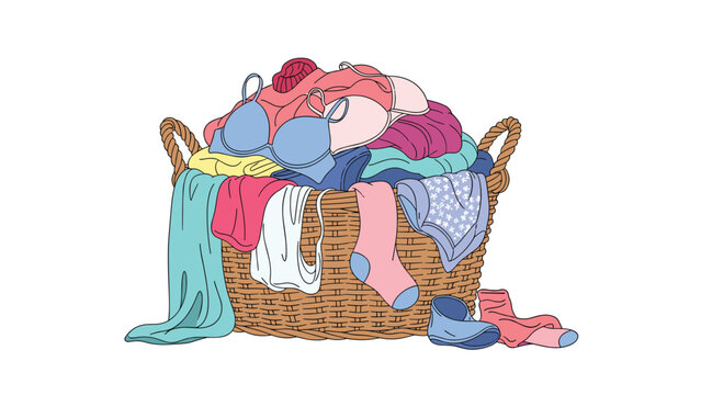Wicker laundry basket overflowing with a messy pile of colorful clothes including shirts, socks, underwear, and bedding.