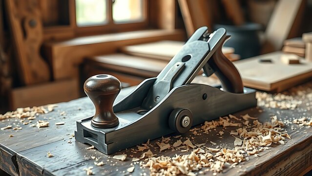 jointer. Woodworking jointer plane on rustic bench surrounded by fresh wood shavings. tutorial guides, club newsletters, designed for sports & leisure club marketing, used by recruiters.