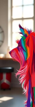 Abstract art of a dog's silhouette with cascading brushstrokes of color, suggesting a vibrant grooming salon ,  bokeh,  shallow depth of field