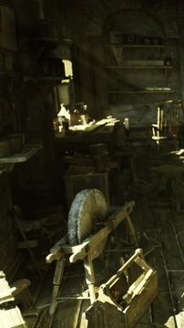 Light filters into a workshop filled with tools and wooden furniture. A grinding stone sits on a wooden stand. Shelves are lined with various items and equipment for crafting.