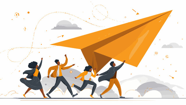 Team members work together to launch a large paper airplane representing a collaborative effort toward achieving ambitious business goals.