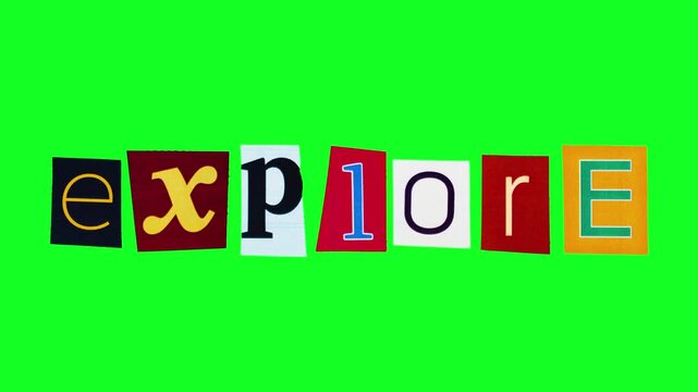 cutout letters Explore on green background, colorful newspaper type arranged in collage, handcrafted frame by frame animation aesthetic, playful bold typography Stickers are crumpled on green screen