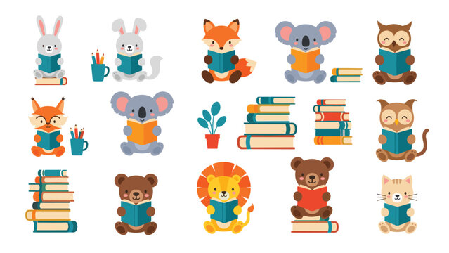 Large set of adorable forest and jungle animal characters like foxes, bears, and koalas sitting and reading colorful books.