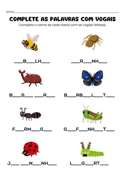 Educational Portuguese vocabulary worksheet for kids to practice spelling insect names by filling in missing vowels.
