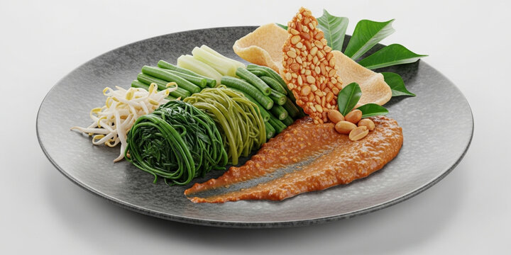 Traditional Indonesian Pecel with Fresh Vegetables and Peanut Sauce on Rustic Plate