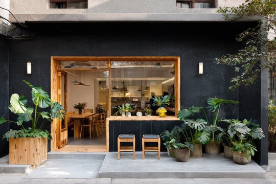 Modern black facade cafe with wooden accents and lush potted plants