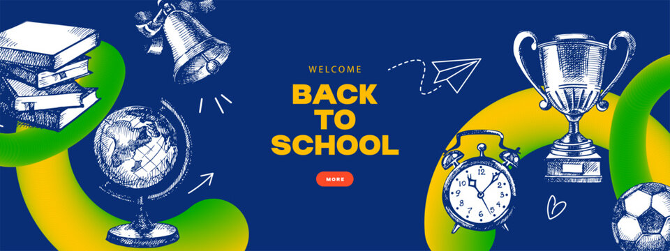 Back to school sketch collage banner. Education poster template with hand drawn accessories. Frame design. Vector vintage illustration