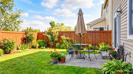 Neat backyard patio with black metal dining set, umbrella, surrounded by green lawn and blooming flowers. © Nicole