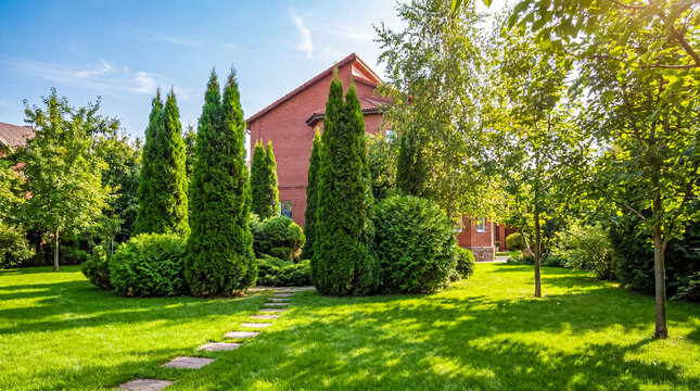 Green lawn and lush garden with cypress trees and a red brick house under a blue sky on a sunny day.