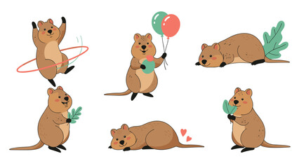 Fototapeta premium Delightful collection of quokka character illustrations in various playful poses including playing with a hoop and holding balloons.