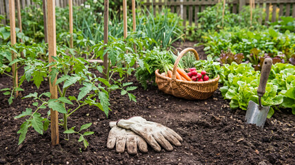 Lush organic home garden featuring a rustic basket of fresh vegetables, gardening gloves, and a trowel on fertile soil. © Nicole